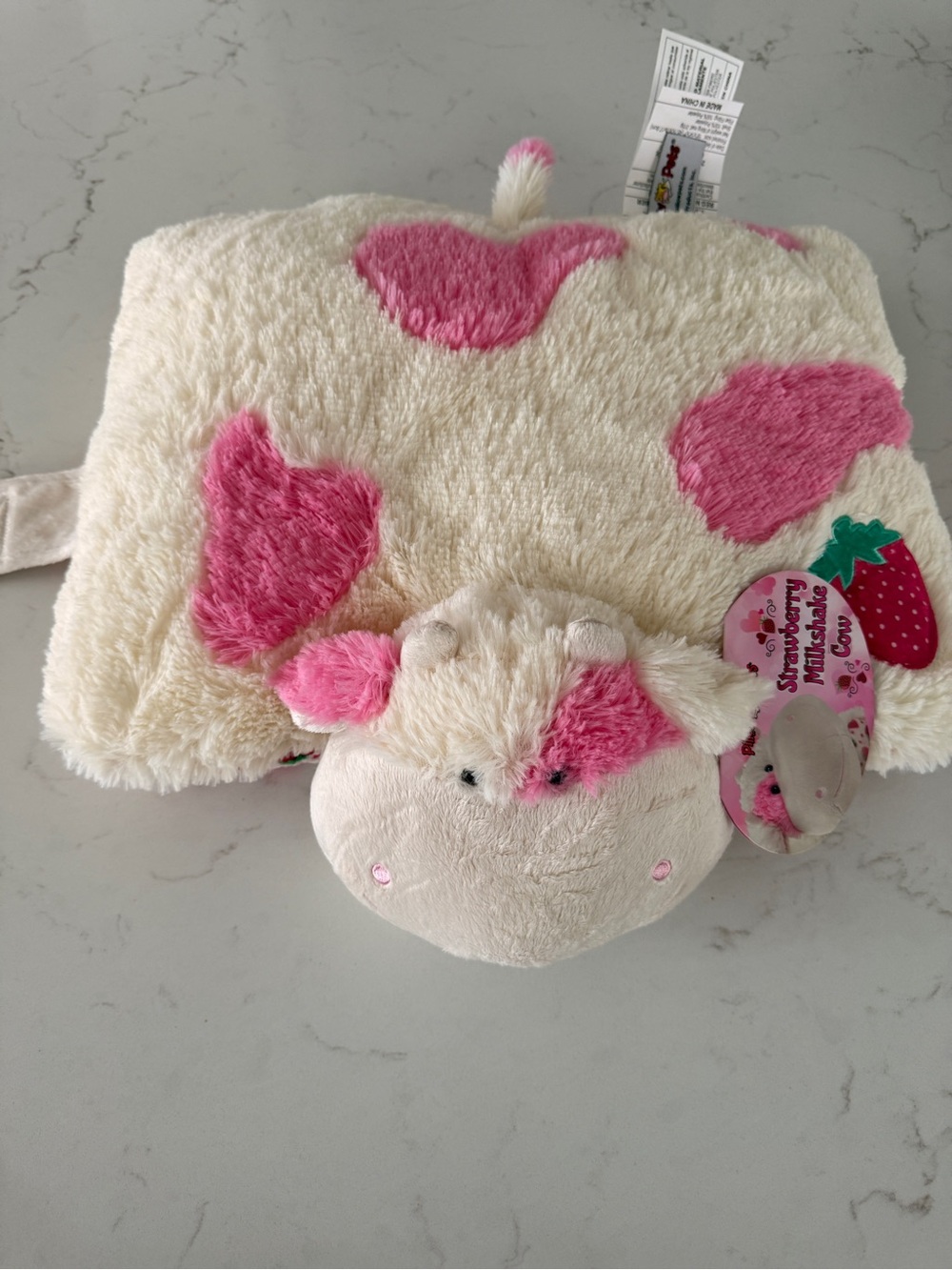 Plush Cream Cow Pillow with Pink Spots - Strawberry-Themed Cuddle Buddy